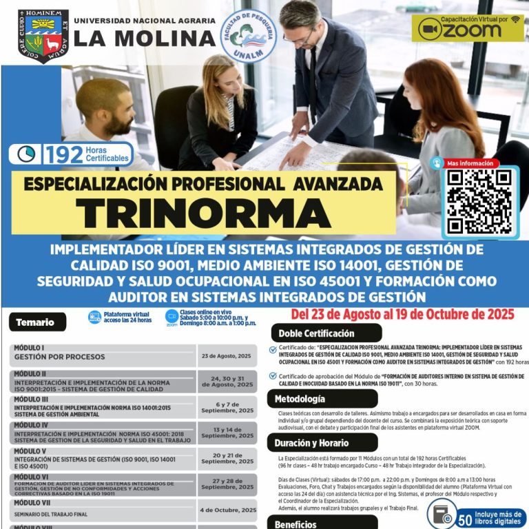 ESPECIALIZACION PROFESIONAL AVANZADA TRINORMA: IMPLEMENTADOR LÍDER EN SISTEMAS INTEGRADOS DE GESTIÓN DE CALIDAD ISO 9001, MEDIO AMBIENTE ISO 14001, GESTIÓN DE SEGURIDAD Y SALUD OCUPACIONAL EN ISO 45001 Y FORMACIÓN COMO AUDITOR EN SISTEMAS INTEGRADOS DE GESTIÓN