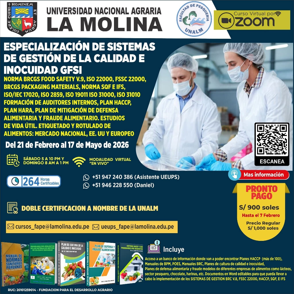 Especialización de Sistemas de Gestión de la Calidad e Inocuidad GFSI Norma BRCGS Food Safety v.9, ISO 22000, FSSC 22000, BRCGS Packaging Materials, Norma SQF e IFS, ISO/IEC 17020, ISO 2859, ISO 19011, ISO 31000, ISO 31010. Formación de Auditores Internos, Plan HACCP, Plan HARA, Plan de Mitigación de Defensa Alimentaria y Fraude Alimentario. Estudios de Vida Útil. Etiquetado y Rotulado de Alimentos: Mercado Nacional, EE. UU y Europeo